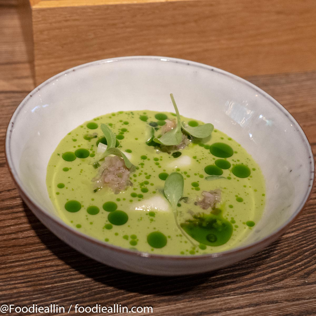 Chilled soup of green tomatoes with blackened avocado, jalapeño, kohlrabi and cucumber