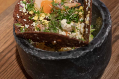 Shrimp sandwich with cold smoked shrimps, bleak roe, browned butter, creamed egg, dill and rye bread